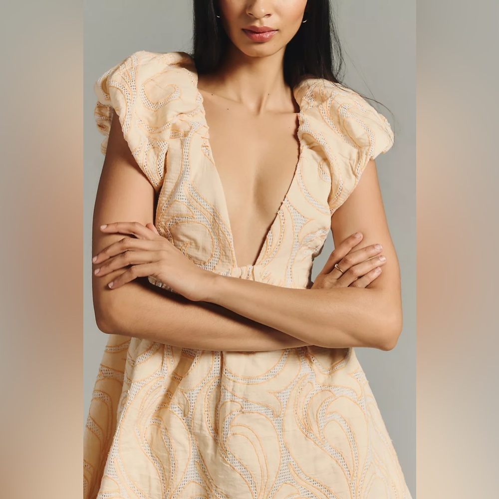 Anthropologie Deep-V Puff-Sleeve Dress in Peach NEW - Picture 2 of 13